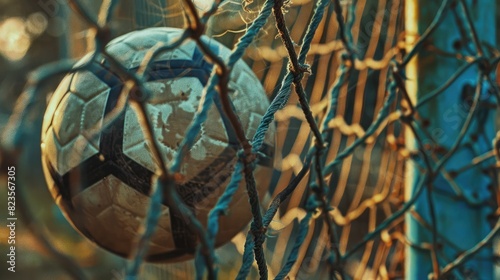 soccer ball sitting in the corner of the goal net  indicating a recent score