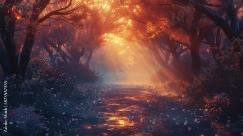 A surreal  dreamy forest path bathed in golden sunlight  with glowing leaves and a tranquil atmosphere ideal for themes of nature and fantasy.