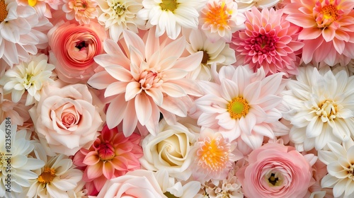 Floral shop banner  top view of macro photo of white and pastel pink summer flowers