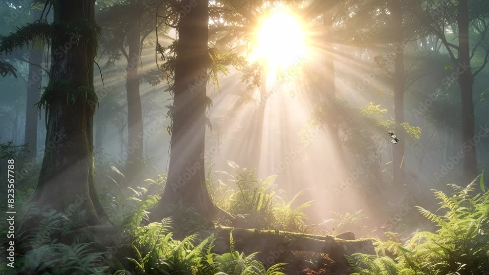 Morning light filtering through the trees in a 4k looping forest video.
