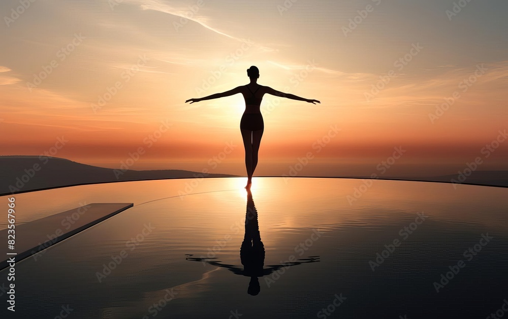Silhouette of a woman with arms outstretched, standing on a pool deck at sunset.  The water reflects the setting sun.