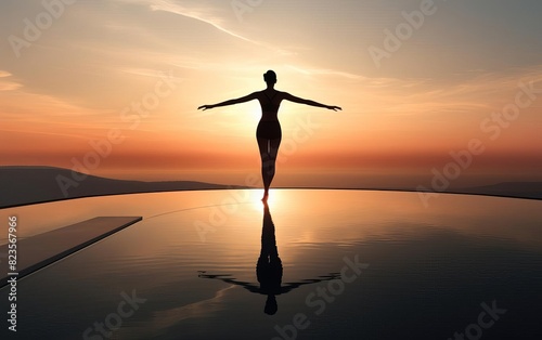 Silhouette of a woman with arms outstretched, standing on a pool deck at sunset. The water reflects the setting sun.