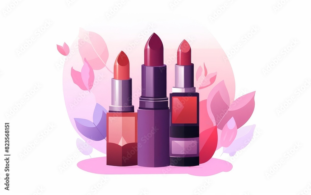 Fototapeta premium Three lipsticks in various shades of red with pink floral background.
