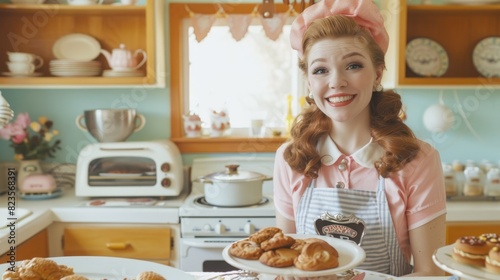 Retro-style woman in a pastel kitchen holding a plate of pastries, smiling cheerfully. Trad wife concept