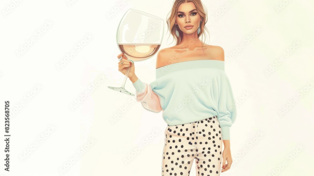 Illustrated woman in a pink sweater holding a giant wine glass, stylish. Illustrated woman in a pink sweater holding a giant wine glass, stylish.