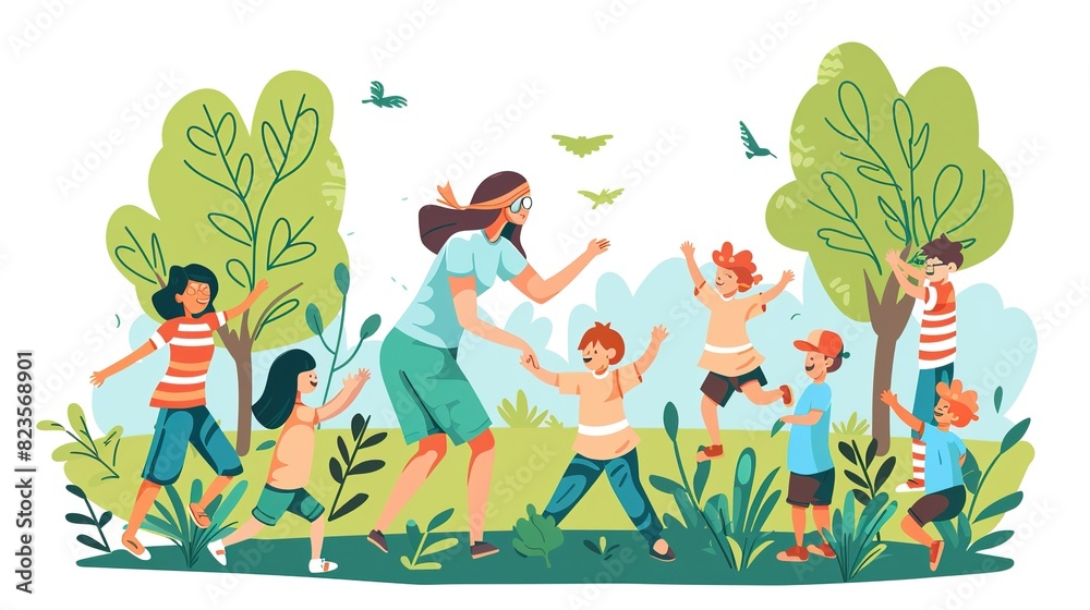Kids playing hide and seek, outdoor game. Woman blindfold and children, joyful activity in nature. Happy summer recreation with boys and girls. Flat vector illustration isolated on white background  