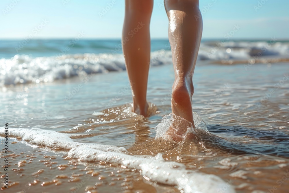 woman walks along the sand on the seashore woman walks along the sand on the seashore