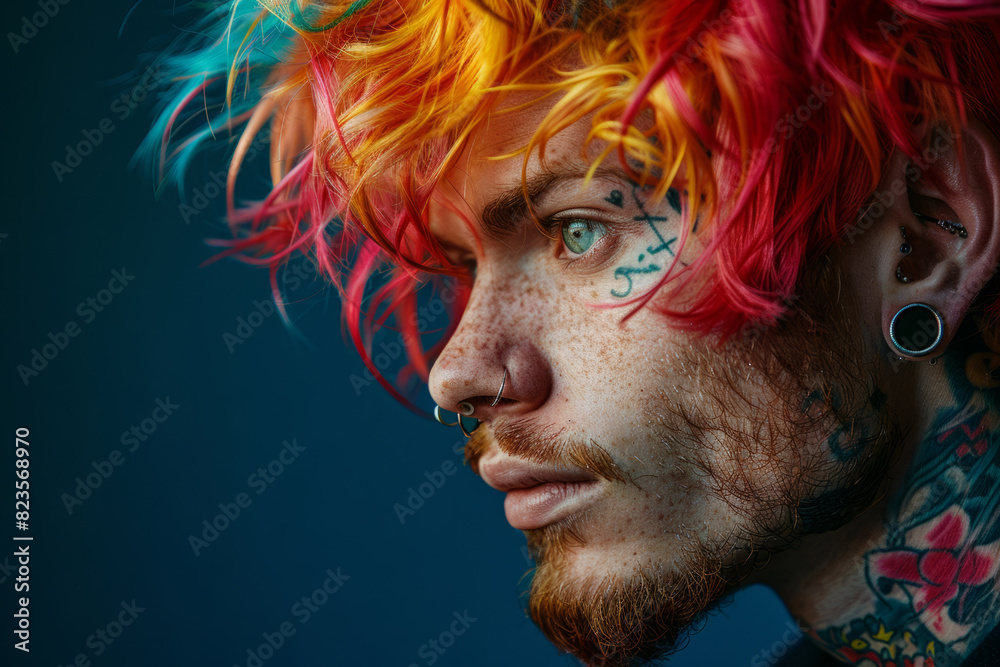 Informal man with piercings and bright dyed hair