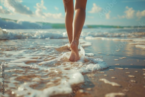 woman walks along the sand on the seashore