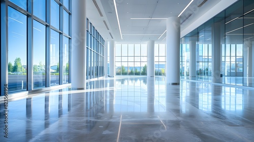 A wide shot of an empty modern office building with large windows and polished concrete floors  white columns along the wall. 