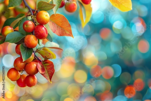 A close shot of colorful woodbine leaves and fruits hanging on tree with a blurry backdrop and a big space for text or product advertisement background, Generative AI. photo
