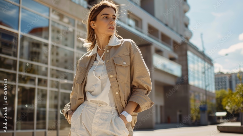 Casual yet elegant young woman enjoying a sunny day in the city, dressed in a chic ensemble of a beige jacket and loose white trousers, Casual yet elegant young woman enjoying a sunny day in the city, dressed in a chic ensemble of a beige jacket and loose white trousers,
