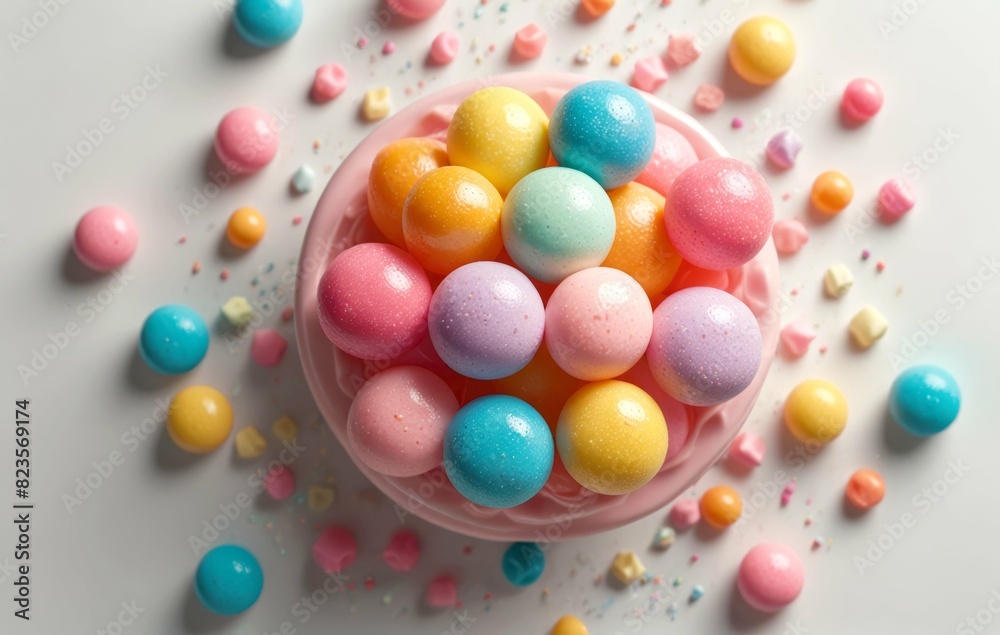 a bowl of candy with pastel colors and sprinkles on a white surface with confetti