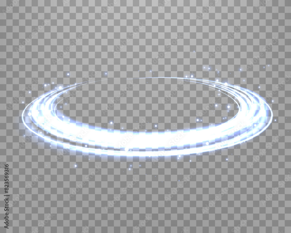 Glowing blue magic rings. Dynamic orbital flare halo ring. Neon realistic energy swoosh swirl. Abstract light effect on a dark transparent background. Vector illustration.