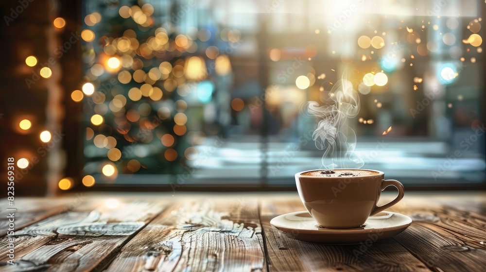 steaming cup of coffee on a rustic wooden table with a cozy cafe background steaming cup of coffee on a rustic wooden table with a cozy cafe background
