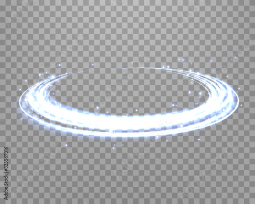 Glowing blue magic rings. Dynamic orbital flare halo ring. Neon realistic energy swoosh swirl. Abstract light effect on a dark transparent background. Vector illustration.
