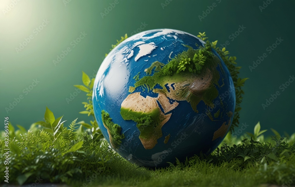 Earth with green plants in the grass, highlighted by a green background and a matching wall, World environment and earth day concept Earth with green plants in the grass, highlighted by a green background and a matching wall, World environment and earth day concept