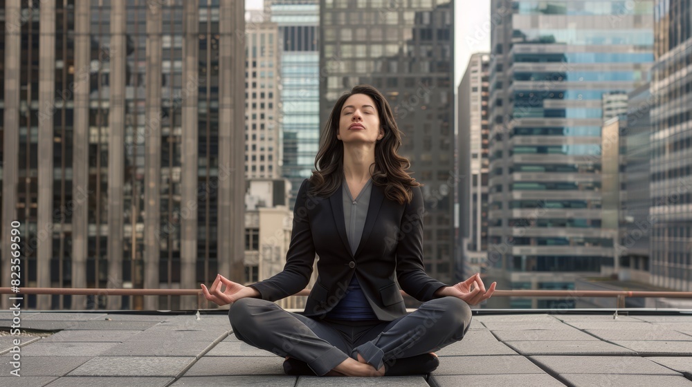 Businesswoman meditating on a rooftop with a city skyline in the background. Businesswoman meditating on a rooftop with a city skyline in the background.