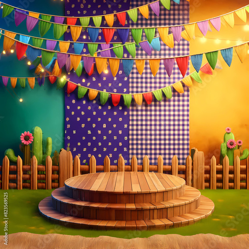 Palco 3d realista com bandeirinha para expor produtos de festa junina photo