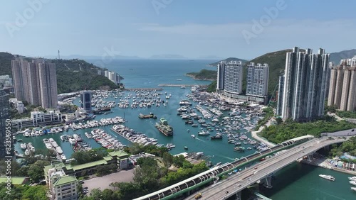 Pok Fu Lam, Aberdeen, Wong Chuk Hang, Ap Lei Chau, Lei Tung, Deep Water Bay, Shouson Hill. Aerial skyview of natural forest landscape of the coastal city in Hong Kong Island photo