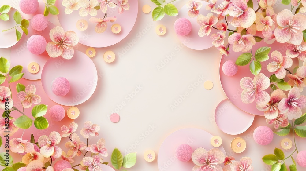 Abstract pastel circles with green and pink hues, featuring delicate leaves. Abstract pastel circles with green and pink hues, featuring delicate leaves.