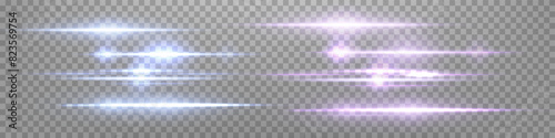Pink and blue lens flares set. Sun flash with rays or spotlight and bokeh. Glow flare light effect. Vector illustration. Isolated on transparent background. 