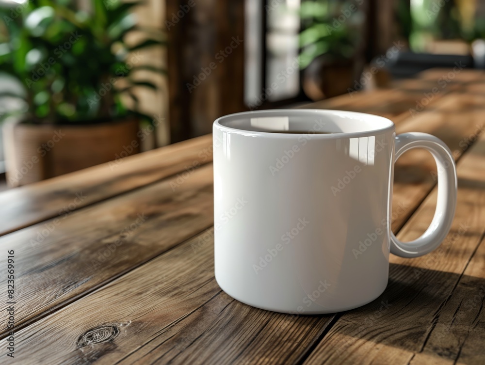 Close-up of a blank white coffee mug mockup on a saucer Close-up of a blank white coffee mug mockup on a saucer