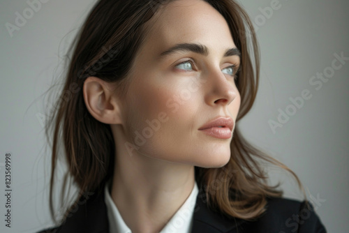 Close-up of a businesswoman with a thoughtful expression on a neutral background