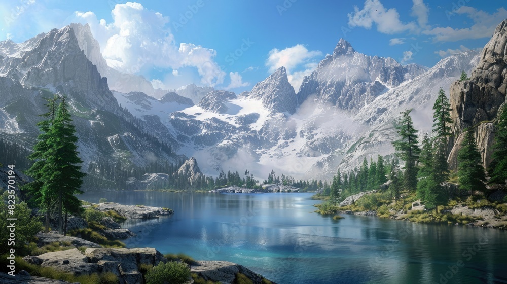 A peaceful mountain lake surrounded by towering peaks.