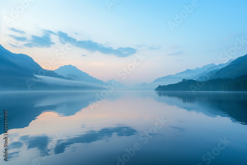 A serene lakeside at sunrise with mountains in the background and calm water reflecting the sky