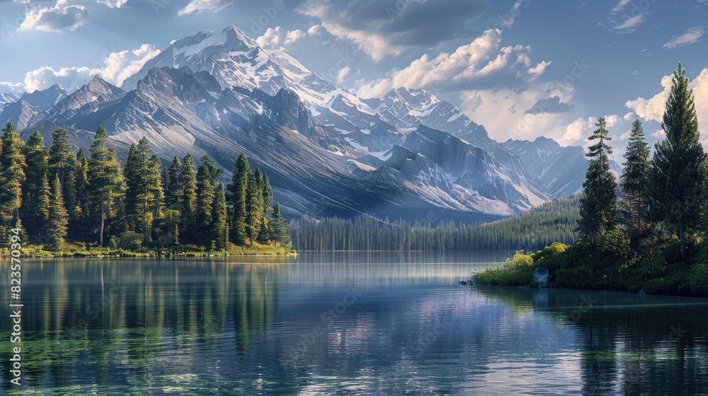 A peaceful mountain lake with peaks.