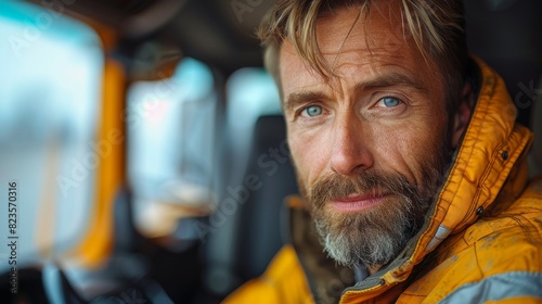 Portrait of a trucker in a yellow gilet and khaki work uniform before his trip photo
