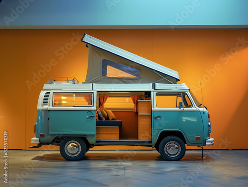 vintage-style camper van is featured in a studio photoshoot