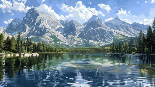 A peaceful mountain lake with towering peaks.