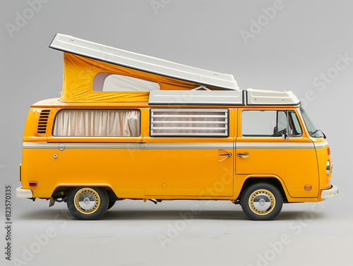 vintage-style camper van is featured in a studio photoshoot