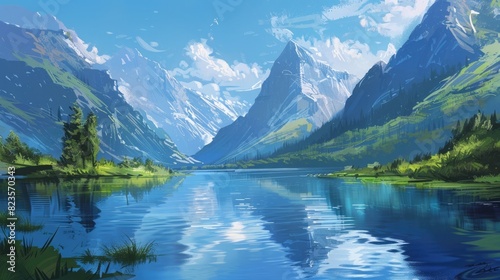 A peaceful mountain lake with peaks.