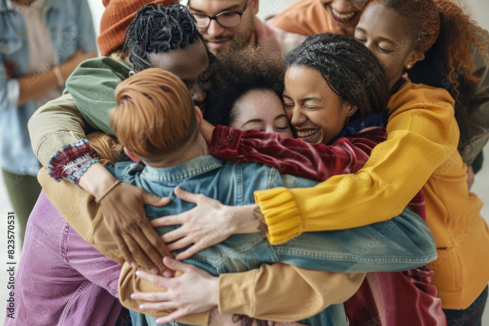 A diverse group of people hugging, showing deep connections and warmth