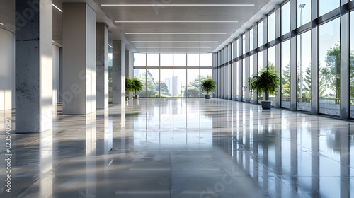 A wide shot of an empty modern office building with large windows and polished concrete floors, white columns along the wall. 