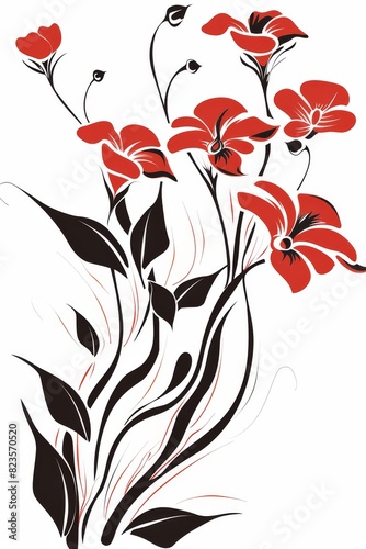 Red Flowers and Black Leaves on White Background
