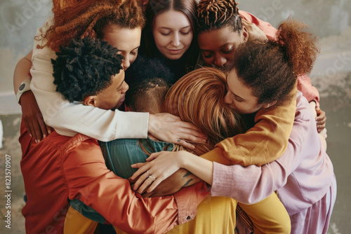 A diverse group of people hugging, showing deep connections and warmth © Venka