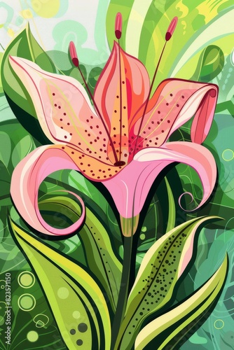 Pink Flower With Green Leaves Painting