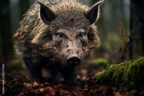 Close-up of a wild boar in a forest, with detailed fur and intense gaze