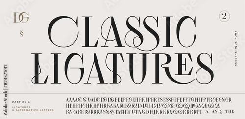 Classic serif font. Headline alphabet serif alphabet with graphic elements, sign, symbol, alternative letters. Classic creative serif font alphabet for design, typographic Vector Illustration