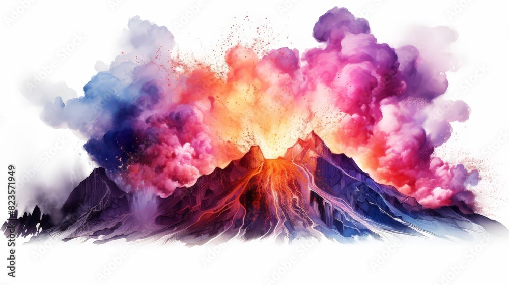 Watercolor clipart of a vibrant volcano science project erupting, isolate on white background