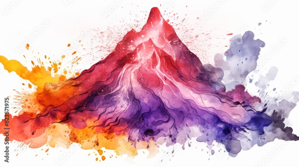 Fototapeta premium Watercolor clipart of a vibrant volcano science project erupting, isolate on white background