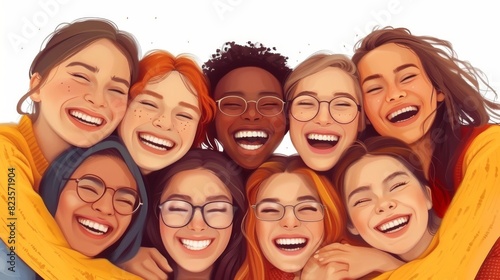 Friends embracing each other in a group hug. Concept of friendship, unity, teen school togetherness, family relationships, and teamwork on flat trendy background. © DZMITRY