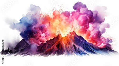 Watercolor clipart of a vibrant volcano science project erupting, isolate on white background