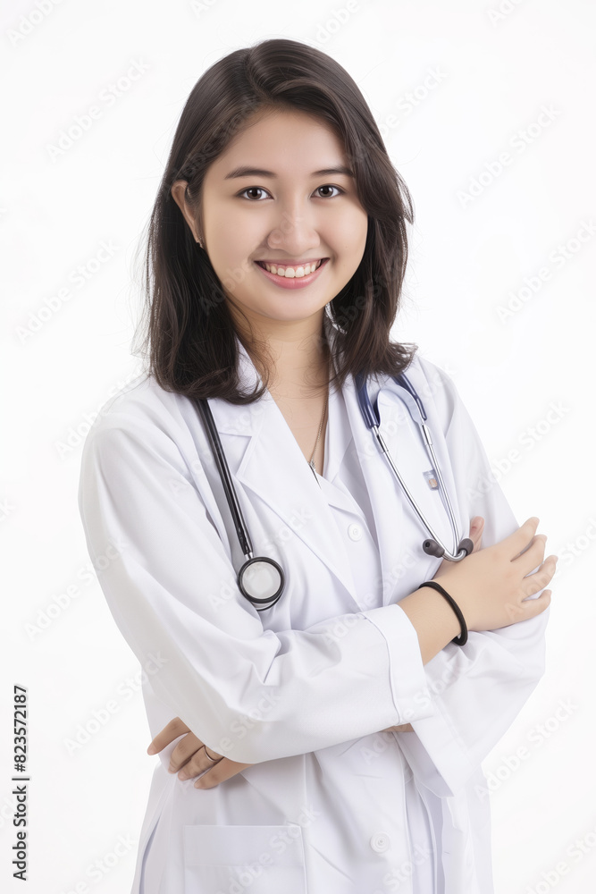 Smiling female doctor in white lab coat with stethoscope Smiling female doctor in white lab coat with stethoscope