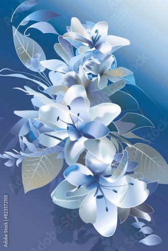 Bouquet of Flowers With Leaves on Blue Background
