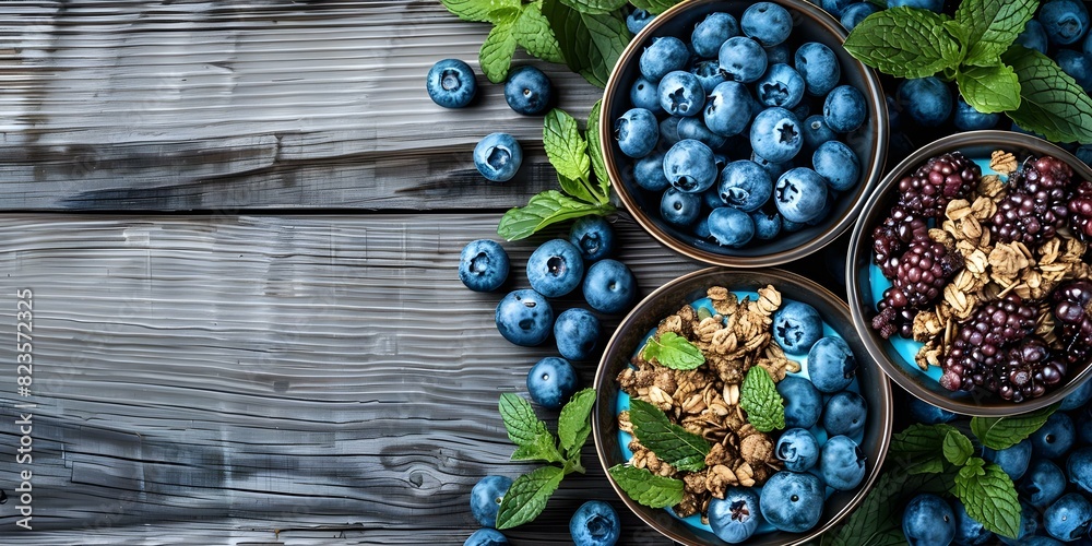 Delicious Greek Yogurt Parfait with Fresh Blueberries and Granola on Wooden Background. Concept Food Photography, Greek Yogurt Parfait, Fresh Blueberries, Granola, Wooden Background